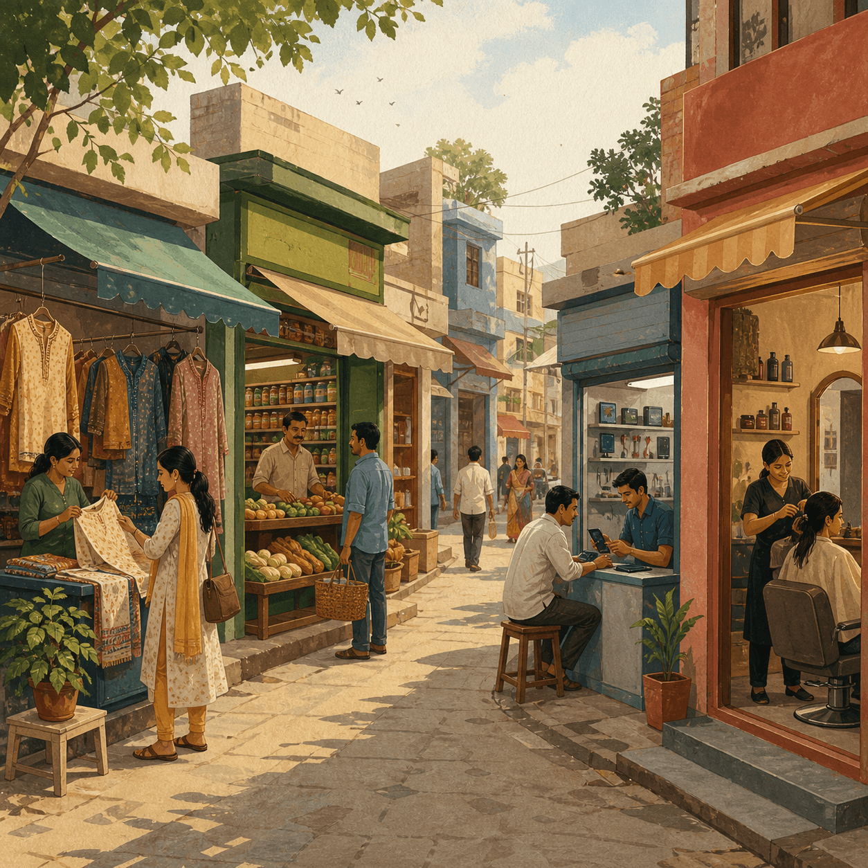 People browsing independent shops in a lively Indian local market