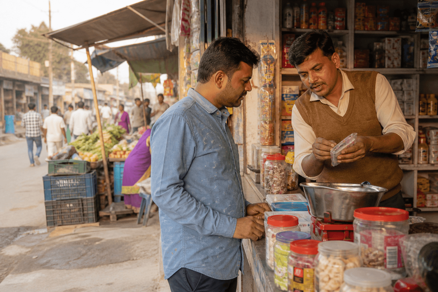 A local shopkeeper helping a customer choose a product
